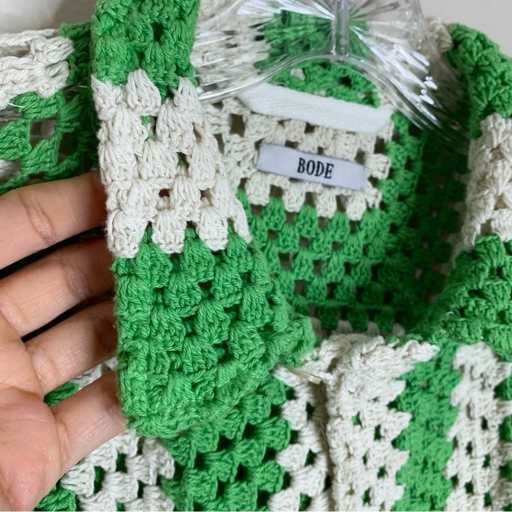 Bode Crochet Shirt (Sz S/M) Flagship Short Sleeve Button Up Striped Green Cream